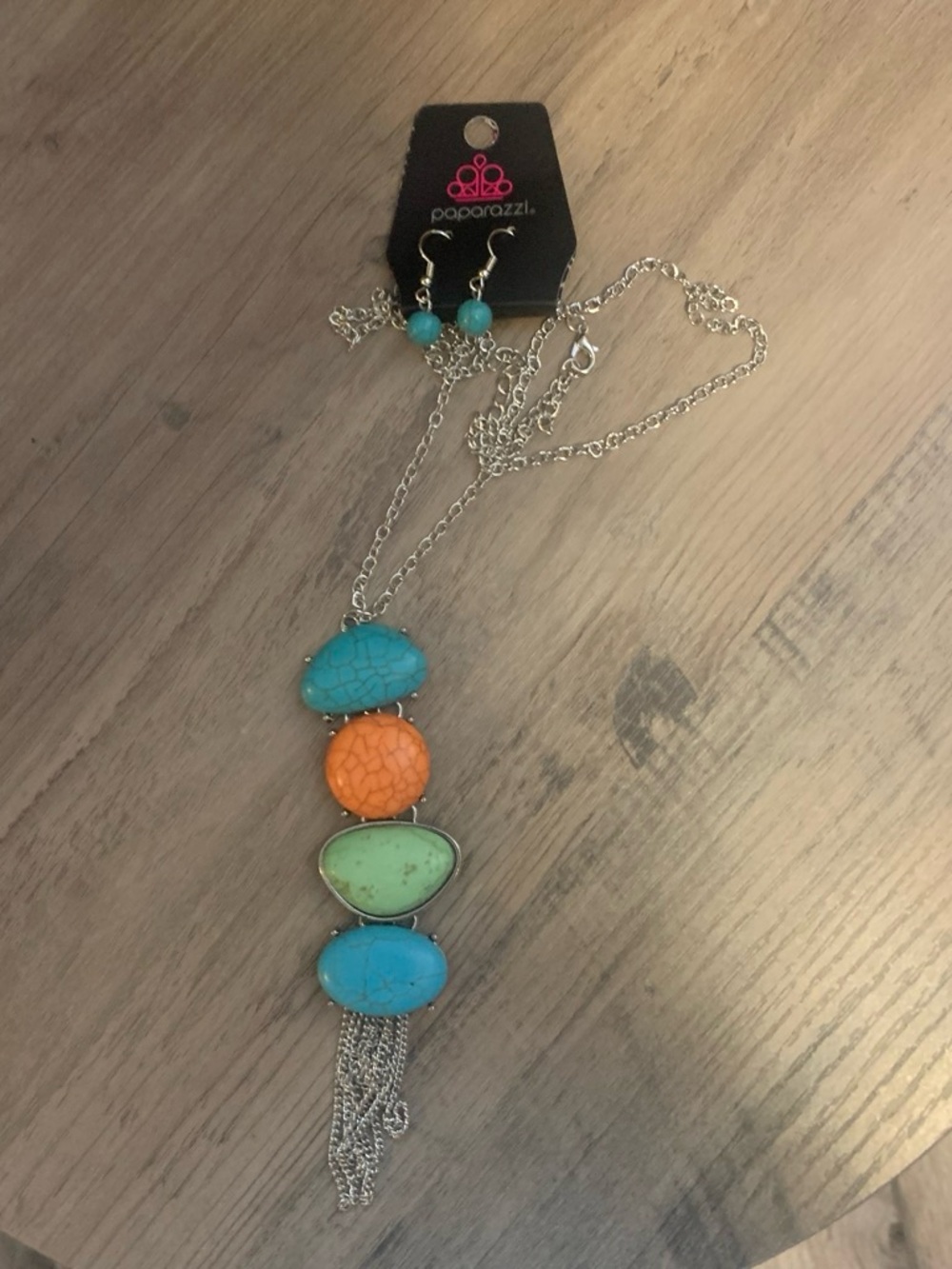 paparazzi Turquoise Orange and Light Green Multi-Stone Tassel Necklace